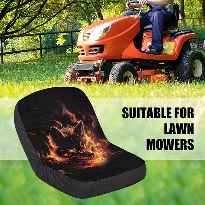 Wolf Flame Lawn Mower Seat Cover Non-Slip Anti-Dirt Tractor Seat Cushion Without Armrest for Skid Loader Backhoe Dozer Telehandler