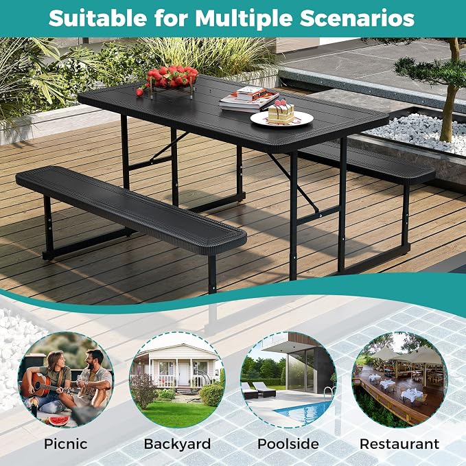 LDAILY Picnic Tables with Benches, Rectangular Dining Table Set for Outside 4 People, HDPE Tabletop, Metal Frame, Umbrella Hole, Heavy Duty Picnic Table for Outdoors, Patio, Lawn, Commercial (Black)