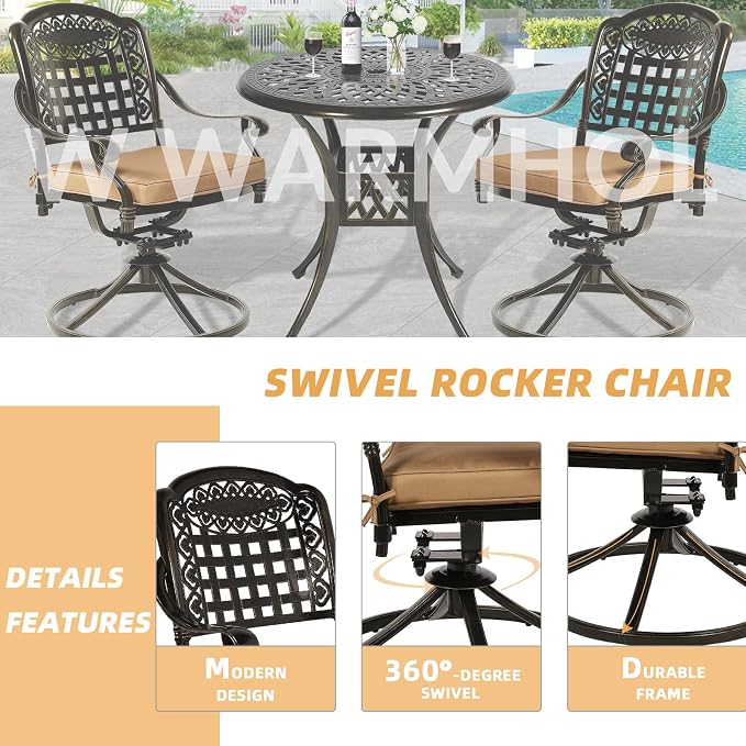 3-Piece Outdoor Patio Dining Set, All-Weather Cast Aluminum Patio Furniture Set for Backyard Garden Deck with 2 Swivel Cushioned Chairs and 31” Round Table, 2" Umbrella Hole, Khaki