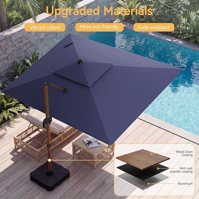 10x13 FT Wood Pattern Patio Umbrella, Large Deluxe Cantilever Rectangular Double Top Heavy Duty Offset Umbrellas with 360° Rotation, Outdoor shade for Garden Deck Pool Patio, Navy