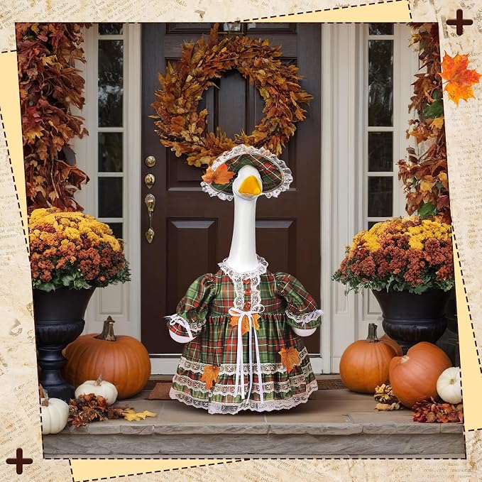 Suzile Fall Plaid Porch Goose Outfit Autumn Goose Clothes for 23 Inch Cement or Plastic Geese Costume Plaid Dress for Yard Lawn Outdoor Garden Patio Duck Statue Thanksgiving Party Decor