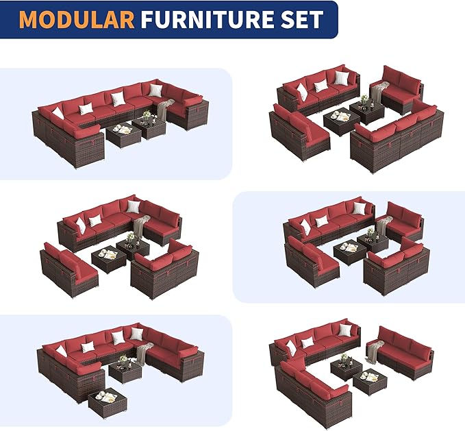 Patio Furniture Set, 12-Piece Outdoor Sectional with Waterproof Cover, All-Weather Wicker Patio Conversation Sets for Backyard (Brown with Red Cushion)