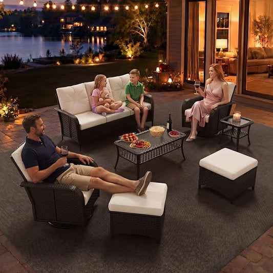 Aoxun 9-Piece Patio Furniture Set with Thick Cushions, Wicker Rattan Sectional Sofa with High Back Swivel Rocker Chairs, Outdoor Patio Furniture Set with Coffee Table & Ottoman, Beige