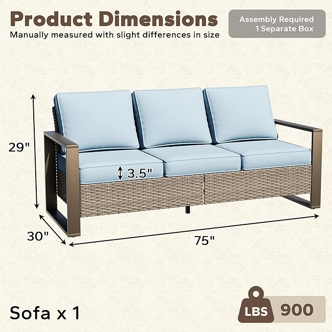 75" Patio Metal Wicker Sofa, All Weather Outdoor Rattan 3-Seat Sofa Couch with Premium Cushions & Rectangular Framed Wood-Looking Metal Armrest for Garden Backyard Porch Deck, Baby Blue