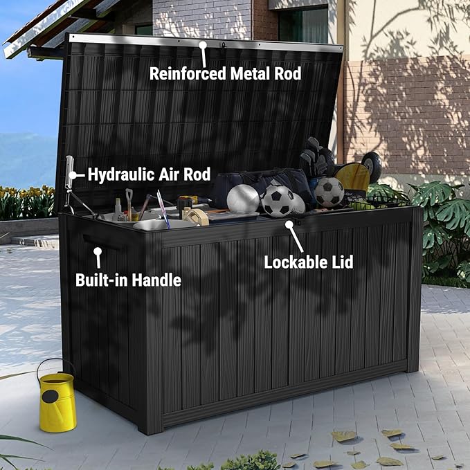 Mars Villa 180 Gallon Outdoor Storage Box Waterproof, Extra Large Resin Deck Box, Outside Storage Bin for Patio Furniture Cushion, Pool Supply, Sports Gear, UV Resistant and Weatherproof, Black