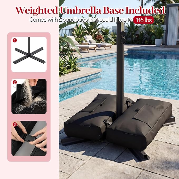 Tangkula 8x8 FT Patio Umbrella with Base Included, Square Offset Cantilever Outdoor Umbrella with 360 Degree Rotation, Crank Handle, Sandbags, 8 Ribs for Pool Deck Garden Backyard