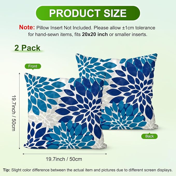 M METERXITY 2-Pack Pillow Cover 20x20 Linen, Blue Green Gray | Water Resistant Floral Decor Slipcover, for Patio, Balcony, Garden, Outdoor Pillow Case
