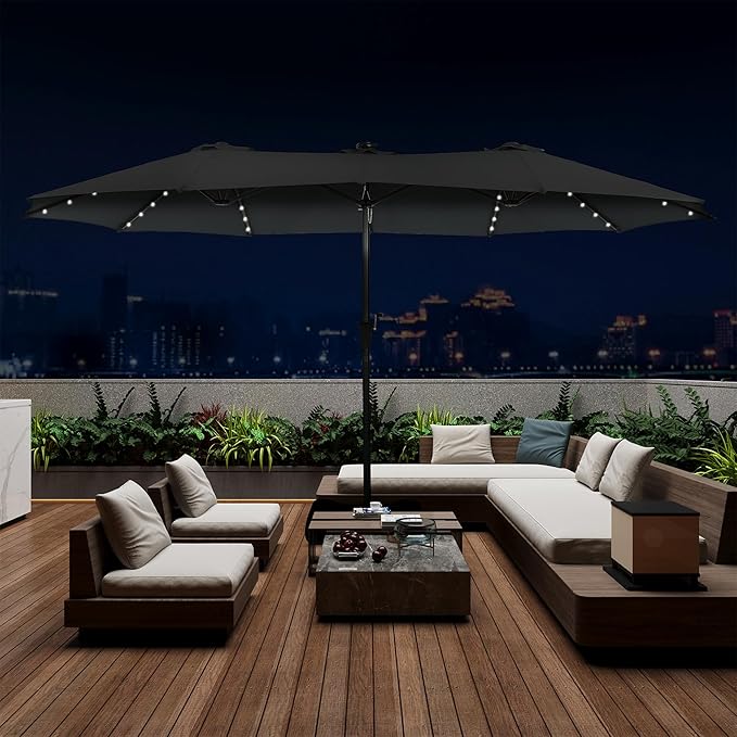 15 ft Patio Umbrella with 48 LED Lights, Large Rectangle Outdoor Solar Umbrella with Matching Base, Strap, Crank, Black