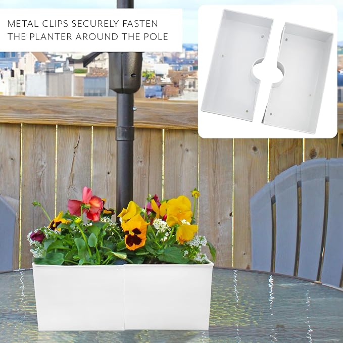 AuldHome Design Umbrella Planter for Patio Table (White Square), w/Umbrella Hole, Enamelware Rectangular Planter Pots