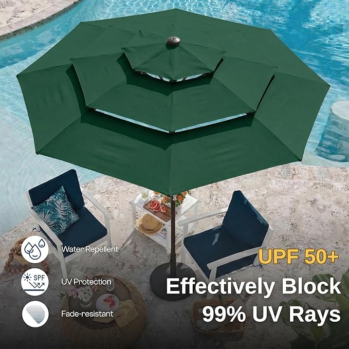 10ft 3 Tier Patio Umbrella, Outdoor Market Table Umbrella with UPF 50+ Vented Canopy, 8 Sturdy Ribs, Easy Push Button Tilt and Crank, Windproof for Deck, Pool, Backyard and Garden