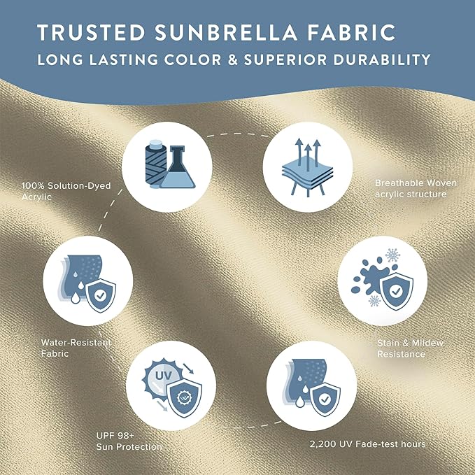 California Umbrella 12-Year Protection 7.5-Ft Outdoor Patio Umbrella, Sunbrella Fade-Resistant Fabric, Auto-Tilt, Heavy Duty Aluminum Frame, 8 Reinforced Ribs for Pool or Deck, Bronze Pole, Beige