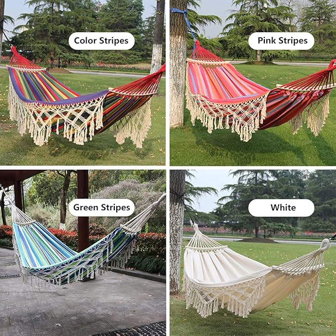 Cotton Canvas Tassel Hammock, Double Boho Hammocks with Macrame Fringe, Portable Camping Indoor Outdoor Garden Hammock Swing with Travel Bag, 150kg Load Capacity Pink Stripes