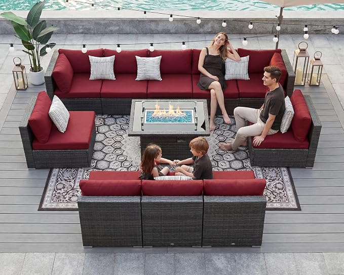 BULEXYARD 11 Piece High Back Patio Furniture Set with Fire Pit Table, Oversized Comfy Deep Wide Seat Outdoor Sectional Sofa, All-Weather Wicker Modular Conversation Couch 10-Seats for Deck, Grey & Red