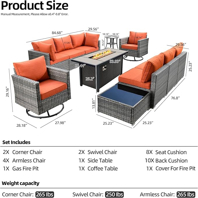 11 Piece Outdoor Patio Furniture Set with 53" Fire Pit Table, Wicker Sectional Conversation Set Whit Swivel Chairs,Modern Outside Sofa for Balcony Backyard(Red)