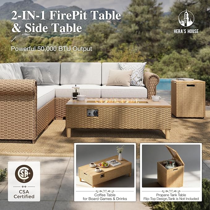 HERA'S HOUSE Patio Furniture Set, All Weather 7 Seats Outdoor Sectional Wicker Sofa with Fire Pit Table, 5.5" Thick Waterproof Cushion 9 Piece Modular Conversation Set for Garden Deck Backyard