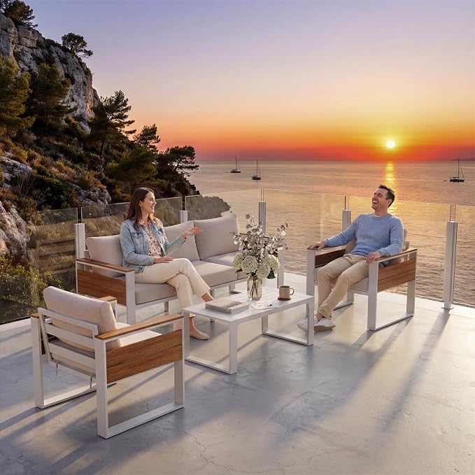 ENSTVER Aluminum Patio Furniture Sets, 5-Seat Outdoor Sofa with Premium Olefin Fabric Cushions & Zero-Maintenance Frame, Patio Sectional Conversation Set for Poolside, Garden