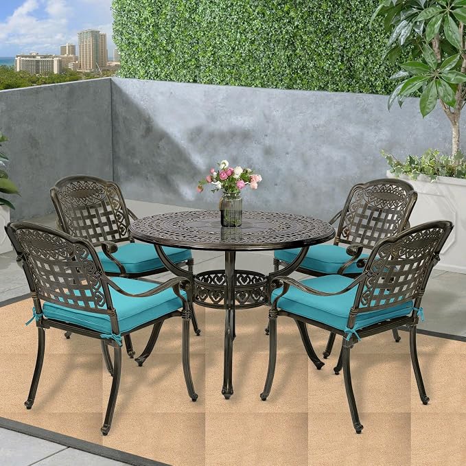 5-Piece Outdoor Patio Dining Set, All-Weather Cast Aluminum Furniture Conversation Set, Include 4 Cushioned Chairs and a 38.5” Round Table with Umbrella Hole for Balcony, Lawn, Ocean Blue