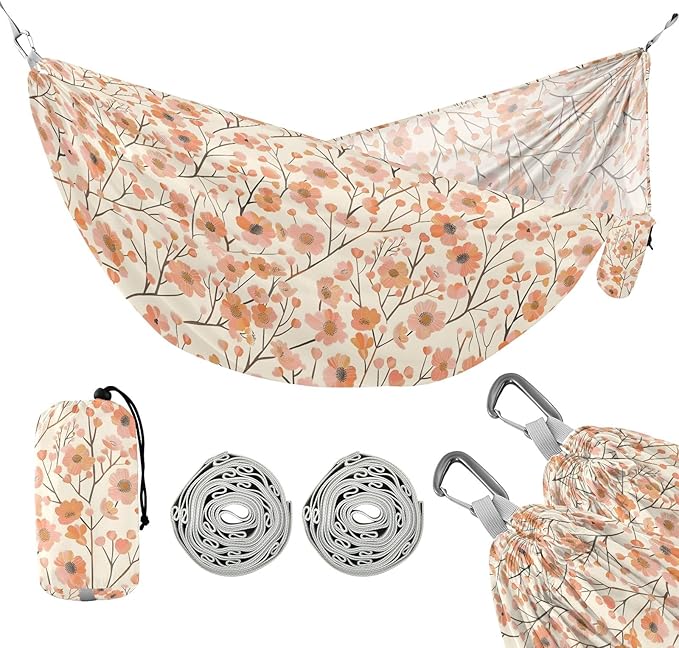 Camping Hammock Outdoor Hammocks for Outside Apricot Floral Beach Trees Portable Lightweight with Pockets Tree Straps Indoor