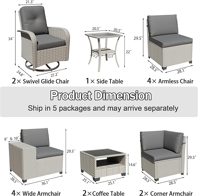 15-Piece Outdoor Patio Furniture Set, Modular Sectional Sofa Set with Swivel Rocker Chairs, Wicker Outdoor Couch Conversation Sets w/Coffee Table and Cushions, Gray