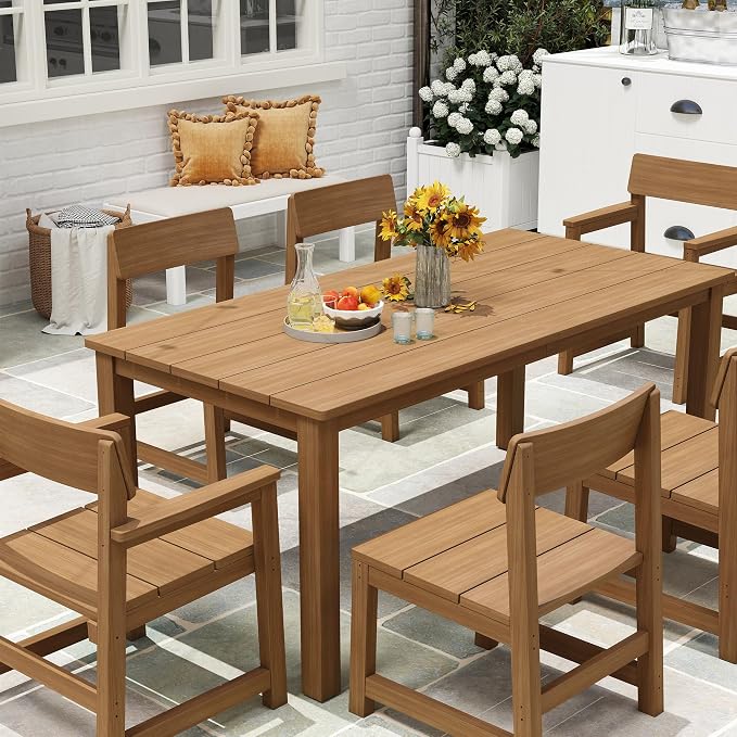 Jocoevol 7 Piece Outdoor Patio Dining Set HIPS Outdoor Table and Chairs for 6 All-Weather Patio Furniture Set with Umbrella Hole for Backyard Poolside Garden, Wooden Color