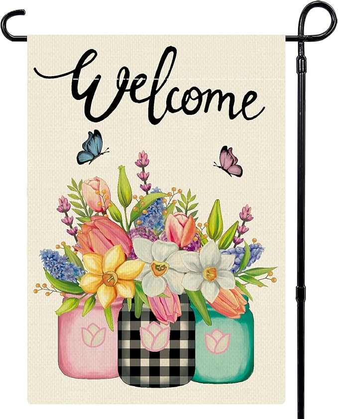 Spring Garden Flag 12x18 Inch Double Sided Floral Mason Jar Seasonal Welcome Yard Outdoor Flag