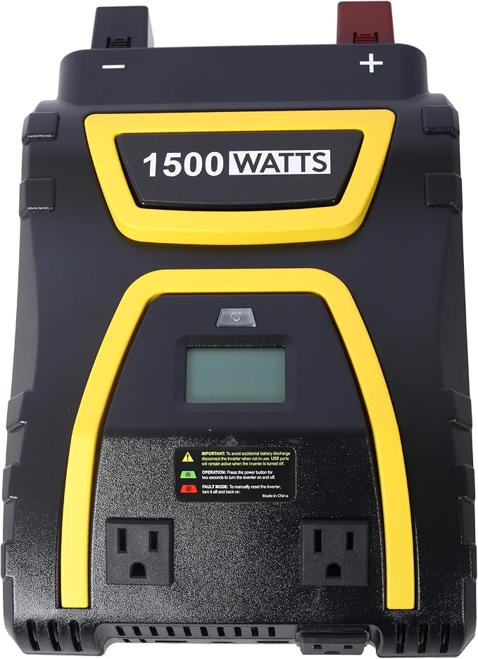 1500W Vehicle Power Inverter Modified Sine Wave with LED Screen and 3AC Socket Portable AC Power Emergencies 12V to 115V for Truck RV Emergency Backup Plastic Black