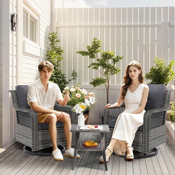 3 Pieces Patio Swivel Chairs, Wicker Patio Conversation Sets with Rocking Chair, Side Table for Outdoor Garden Porch Backyard(Dark Grey)