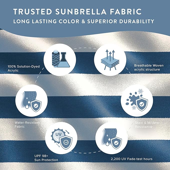 California Umbrella 12-Year Protection 7.5-Ft Outdoor Patio Umbrella, Sunbrella Fade-Resistant Fabric, Auto-Tilt, Heavy Duty Aluminum Frame, 8 Reinforced Ribs for Pool or Deck, Bronze Pole, Cabana Regatta