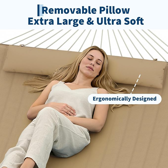 Takywep 2 Person Hammock with Polyester-Cotton Pad, 12FT Double Hammock with Wooden Spreader Bar, Removable Pillow, 450LBS Capacity, 2-in-1 Outdoor Hammock for Patio, Garden, Beach (No Stand)