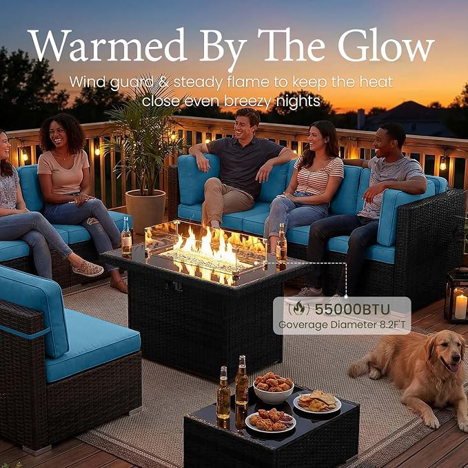 LayinSun 15 Piece Patio Furniture Set with Fire Pit Table, Outdoor Conversation Sets Wicker Rattan Sectional Sofa with Coffee Table