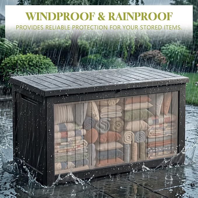 325 Gallon Outdoor Storage Box | Lockable Resin Deck Box, 880 lbs Seating & Safety Hydraulic Rod, UV-Resistant Patio Storage for Cushions, Tools & Packages