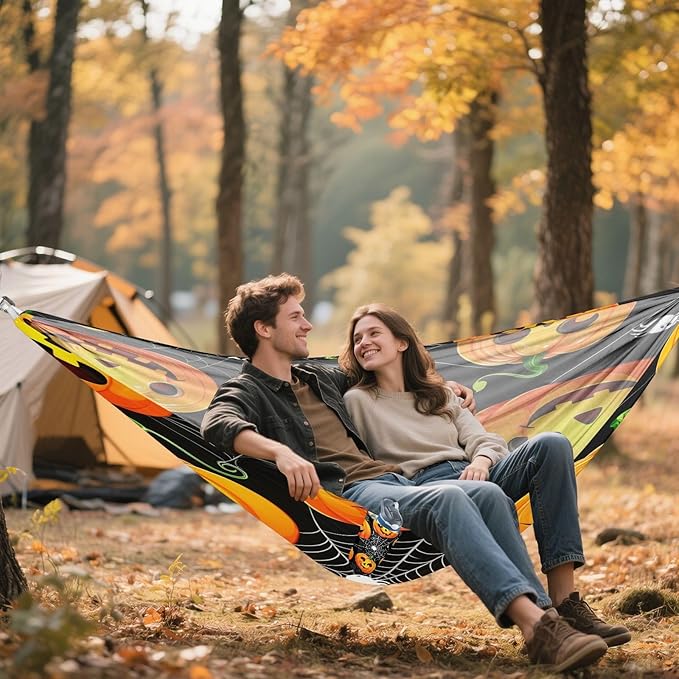 Hammocks for Outside Cartoon Jack-o-Lantern Pumpkins Camping Hammock Portable Hammocks with Tree Straps and Carry Bag Camping Accessories for Hiking Beach Outdoor