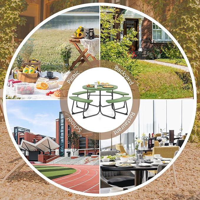 COSTWAY Round Picnic Table with Umbrella Hole, Outdoor Picnic Table with Bench Set for 4-8 People, HDPE Tabletop, Patio Dining Furniture Set for Family Gatherings, BBQ Party, Backyard (Green)