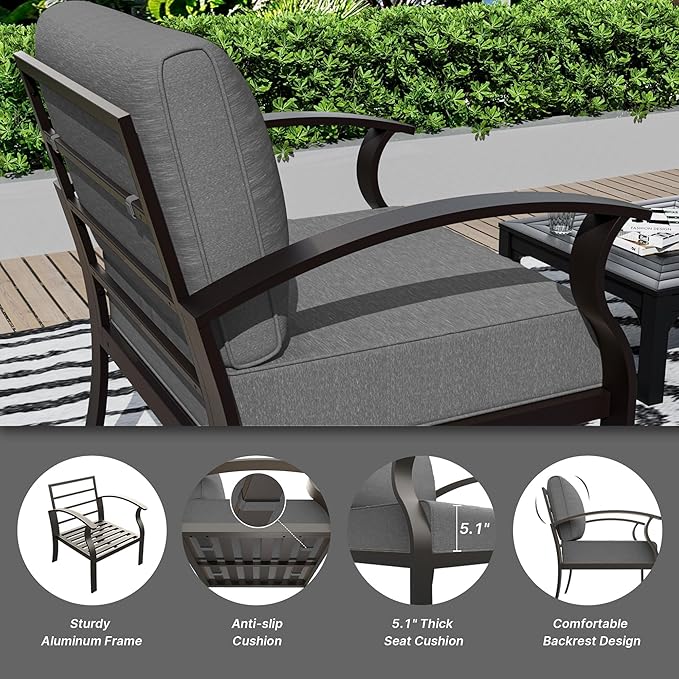 Gotland Aluminum Patio Furniture Set with Rectangular Coffee Table, Metal Patio Furniture with 5 Seats Waterproof 5.1'' Seat Cushions, Outdoor Sectional Patio Conversation Sets for Balcony Grey