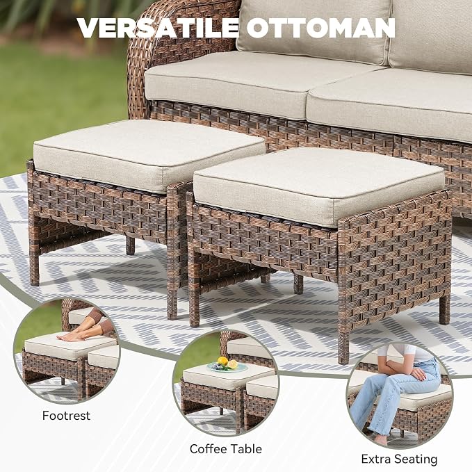 3 PCS Patio Furniture Set, Outdoor Wicker Loveseat with 2 Ottomans, 4-Inch Thick Olefin Cushions & Curved Armrests, 300 lbs Capacity Rattan Sofa Set for Porch, Balcony, Backyard, Beige