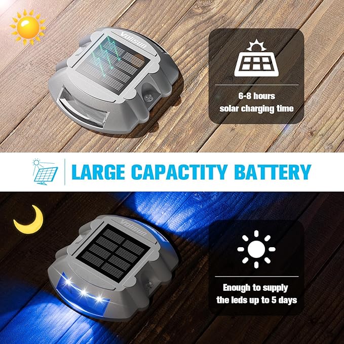 VOLISUN Solar Deck Lights Driveway Dock Lights, 12-Pack Led IP68 Waterproof Outdoor Warning Step Lights for Driveway Sidewalk Garden Pathway Yard (Blue, Auto On/Off