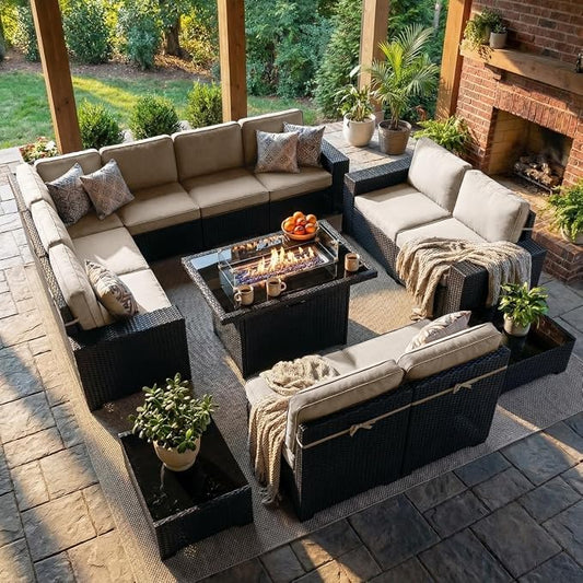 LayinSun 13 Pieces Outdoor Patio Furniture Set with 44" Fire Pit Table Rattan Sectional Sofa Conversation Sets