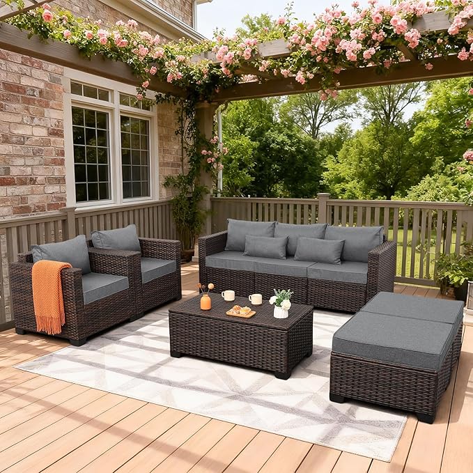 Wicker Patio Furniture Set 6 Pieces Outdoor Furniture Chairs and Couch Storage Table Anti-Slip Cushions and Waterproof Covers, Dark Grey