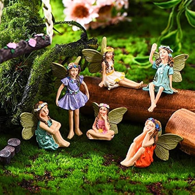 6 Miniature Fairy Figurines for Garden Outdoor, Resin Fairies with Sticks | Fairy Garden Accessories, Set of 6, Tiny Girl Sculptures, Plant Pot Decor, Lawn Ornaments, Indoor Outdoor Use