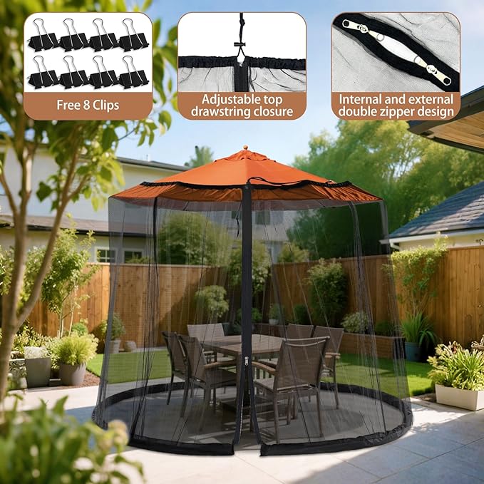 Patio Mosquito Netting - Mosquito net for Patio Garden and Outdoor Umbrellas with Adjustable Elastic Cord and Zipper Umbrella net