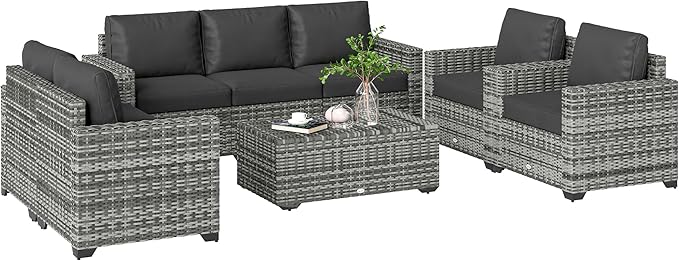Outsunny 5 Piece Patio Furniture Set with Storage Bin Coffee Table, Wide Deep PE Rattan Wicker Outdoor Conversation Sofa Set with Cushions, Dark Gray