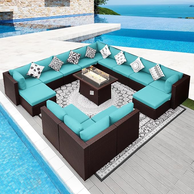 NICESOUL 15 Piece Outdoor Sectional with Fire Pit Table, Modern Luxury Patio Deep Seating w/Firepit, 29.3'' High-Back Wicker Couch Thick, Big High-Weight Capacity Sofa for Garden, Yard, Brown & Teal