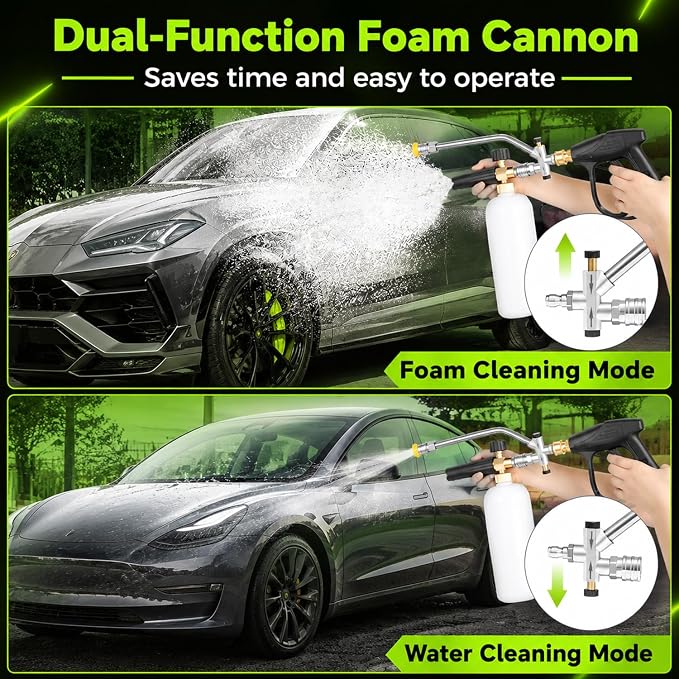 XOOL Pressure Washer Foam Cannon with Dual Connector, Car Wash Foam Gun Kit 1/4 Inch Quick Connector with 5 Power Washer Sprayer Nozzles, 5M Water Hose, Adapter, Cleaning Gloves, 1 Liter