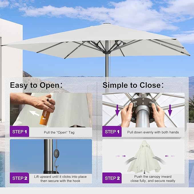 PURPLE LEAF 13 X 13 FT Extra Large Commercial Square Patio Umbrella Maximum Coverage Heavy Duty Wind Resistant Vented Canopy Reinforced Frame for Restaurant Hotel Resort Cafe Outdoor Dining Area Business Use White