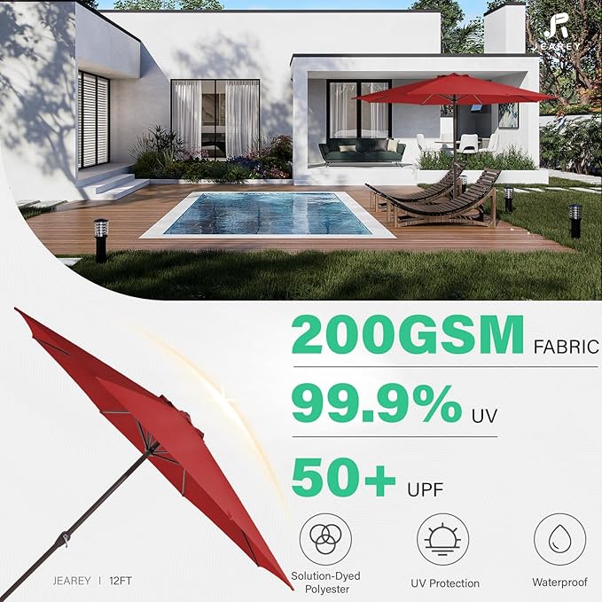 JEAREY 12' Patio Umbrellas Outdoor Table Market Umbrella w/Crank, 8 Sturdy Ribs, UV Protection Windproof for Garden, Deck, Backyard, Pool(Red)