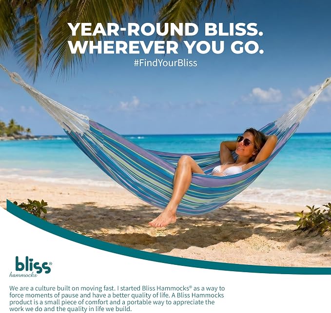 Bliss Hammocks 60" W Double Outdoor Hammock with Hand-Woven Rope Loops & Tree Straps, Patio, Durable, Cotton/Polyester, 265 Lbs Capacity, Malibu Stripe
