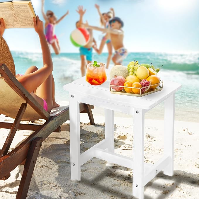 Y&M Outdoor Side Table, HIPS Adirondack Small Single Table, Waterproof Square Outside Table, Balcony Modern End Tables for Patio, Pool, Beach, Porch, Deck, Indoor or Outdoor Use (White, 2 Pack)