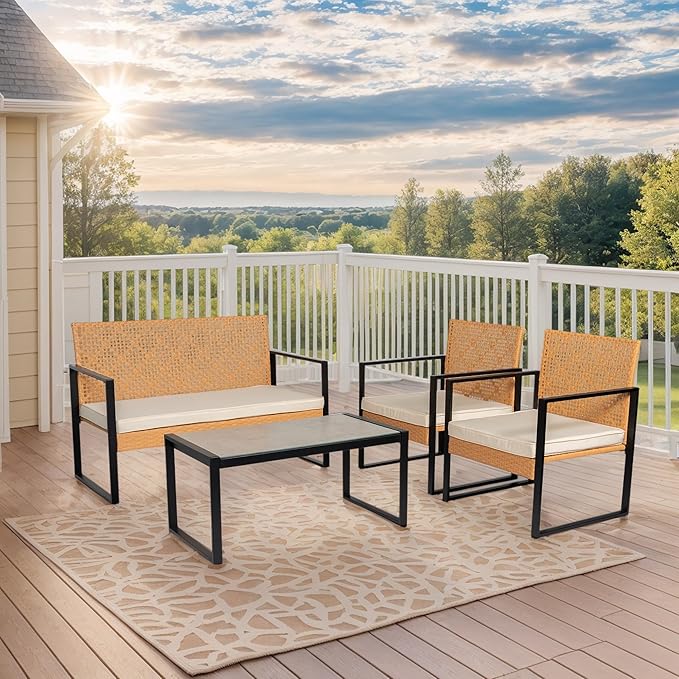 PROHIKER 4 Pieces Patio Furniture Set, Outdoor Wicker Patio Conversation Sets with Cushion and Glass Table, Front Porch Furniture Sets for Yard Pool Backyard Garden