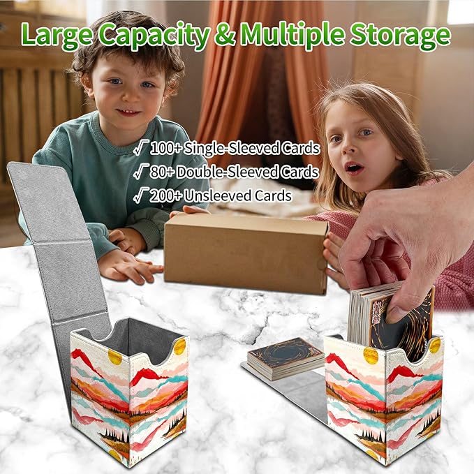 Deck Box for MTG, Cards Storage Box Fits 120+ Sleeved, Leather Medium Size Strong Magnetic Closing Card Case for Board Games Magic TCG CCG Baseball Collection, Pink Range Moon