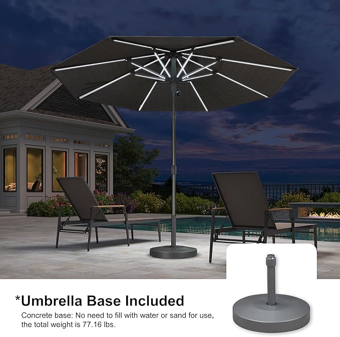 PURPLE LEAF 10 FT Semi-Auto Outdoor Patio Umbrella with Base Market Table Sun Umbrellas with Led Lights and 8 Aluminum Sturdy Ribs for Backyard Deck Garden Pool(Gray Pole Gray Canopy)
